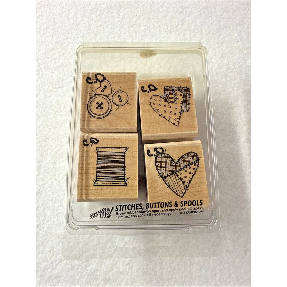 Stampin' Up! Stitches Buttons & Spools 4 Wood Mount Rubber Stamps Sewing Retired